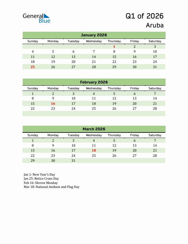 Quarterly Calendar 2026 with Aruba Holidays