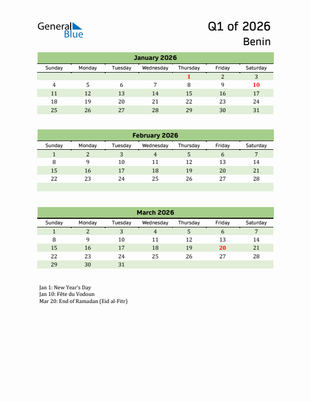 Quarterly Calendar 2026 with Benin Holidays