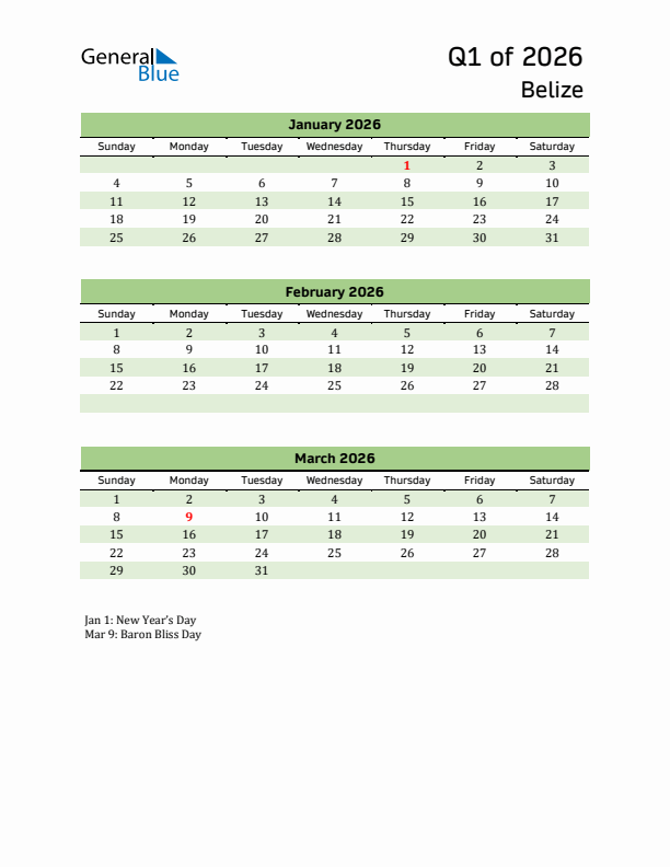 Quarterly Calendar 2026 with Belize Holidays