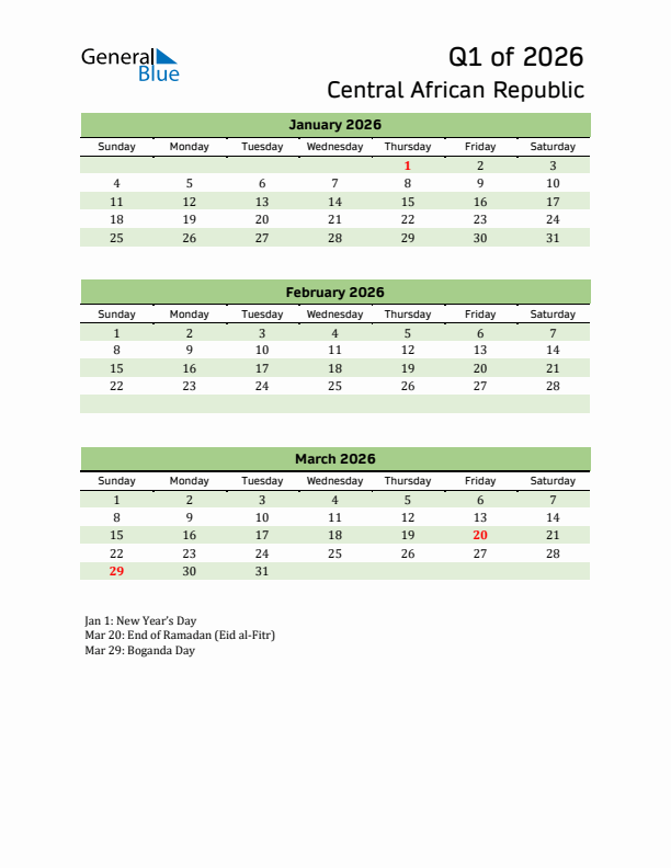 Quarterly Calendar 2026 with Central African Republic Holidays