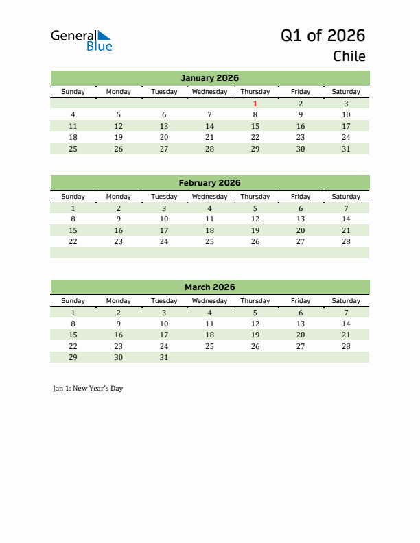 Quarterly Calendar 2026 with Chile Holidays