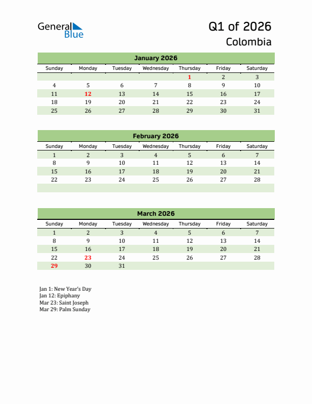 Quarterly Calendar 2026 with Colombia Holidays
