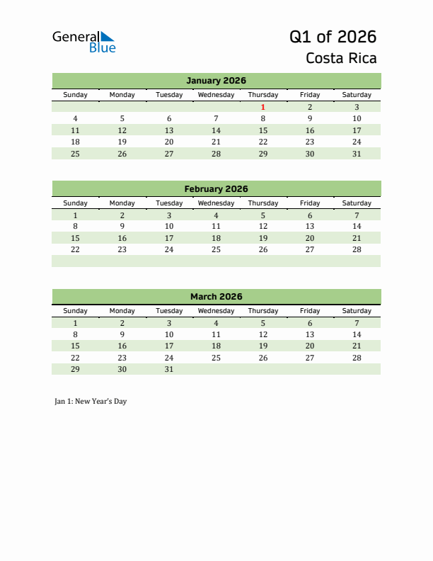 Quarterly Calendar 2026 with Costa Rica Holidays