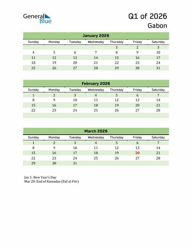 Quarterly Calendar 2026 with Gabon Holidays