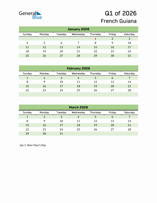 Quarterly Calendar 2026 with French Guiana Holidays