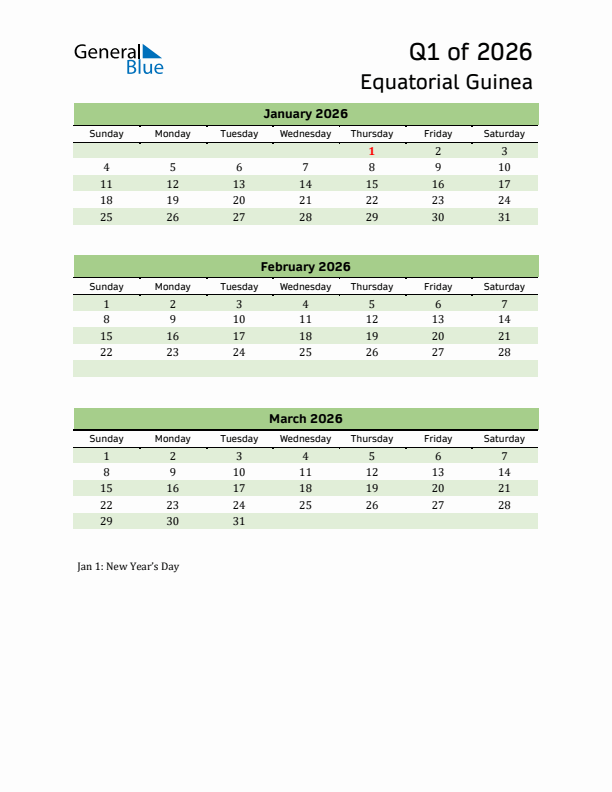 Quarterly Calendar 2026 with Equatorial Guinea Holidays