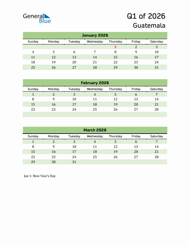 Quarterly Calendar 2026 with Guatemala Holidays
