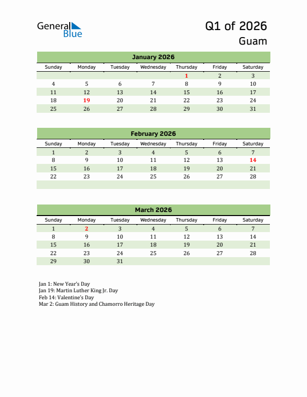 Quarterly Calendar 2026 with Guam Holidays