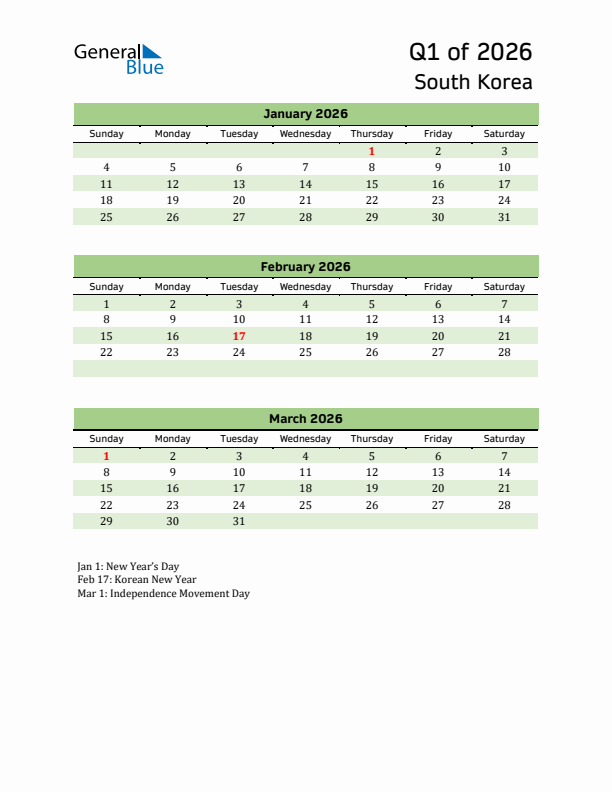 Quarterly Calendar 2026 with South Korea Holidays