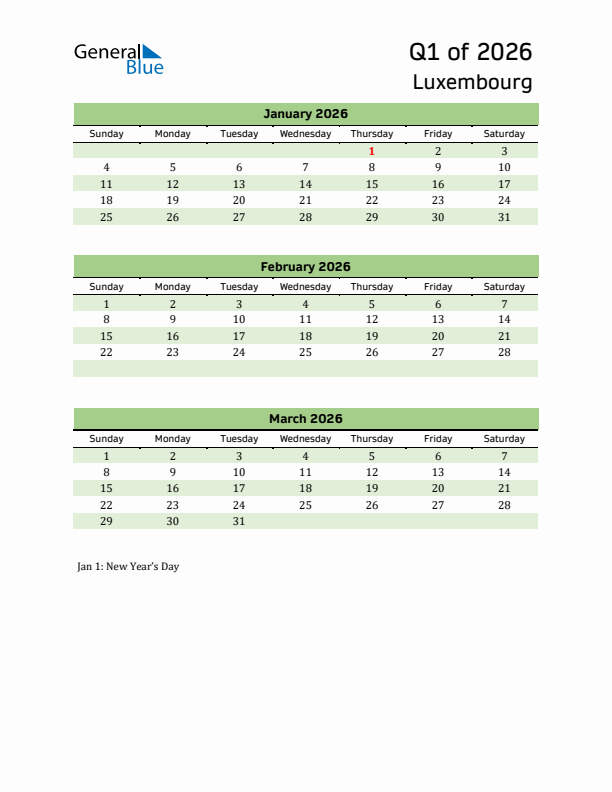 Quarterly Calendar 2026 with Luxembourg Holidays