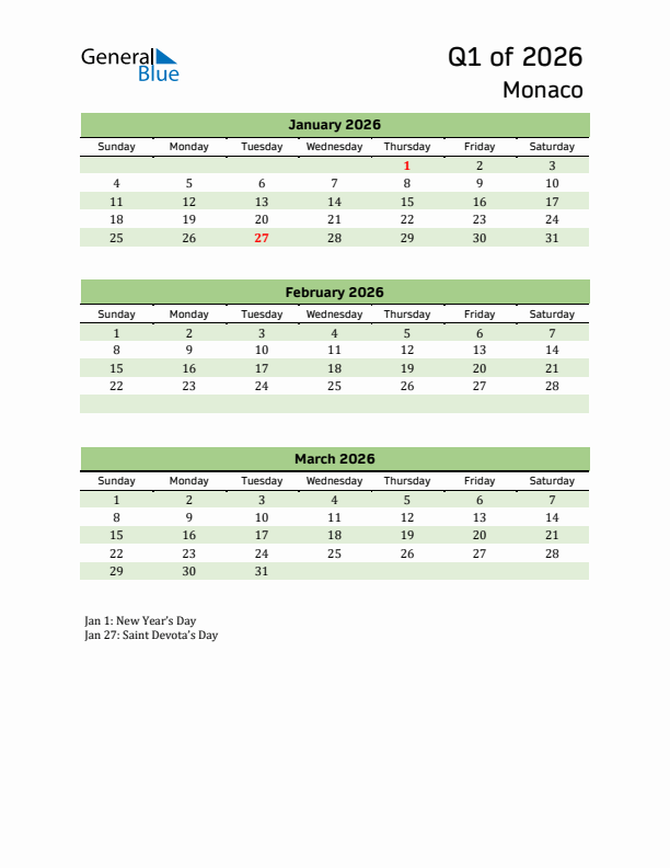 Quarterly Calendar 2026 with Monaco Holidays