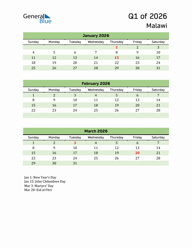 Quarterly Calendar 2026 with Malawi Holidays