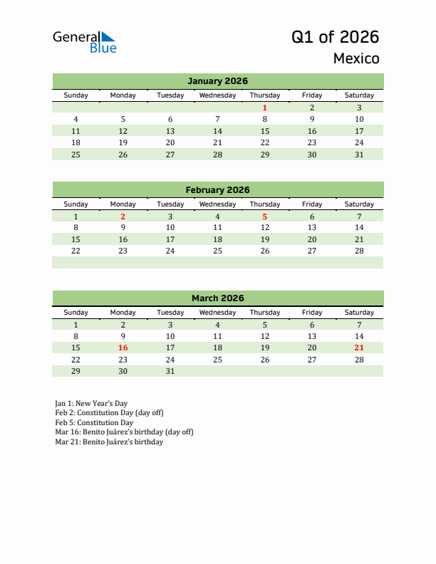 Quarterly Calendar 2026 with Mexico Holidays