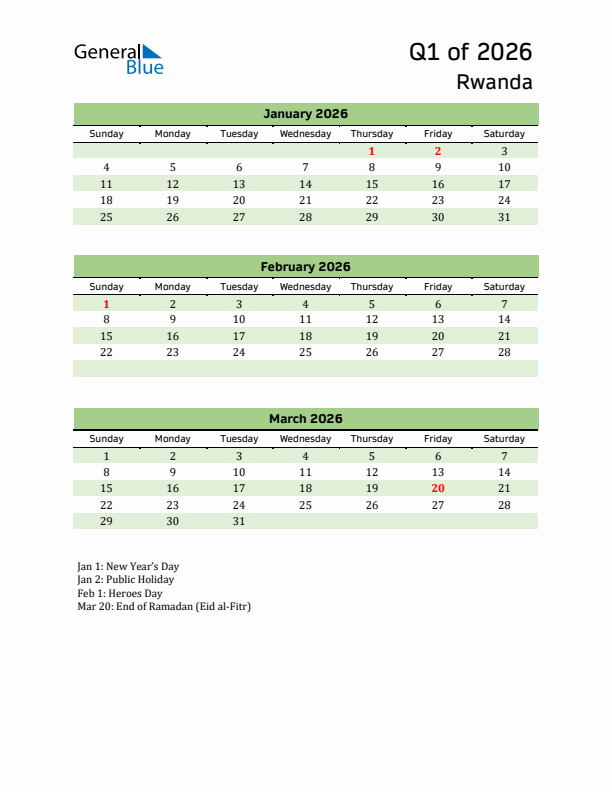 Quarterly Calendar 2026 with Rwanda Holidays