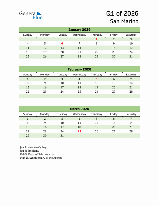 Quarterly Calendar 2026 with San Marino Holidays
