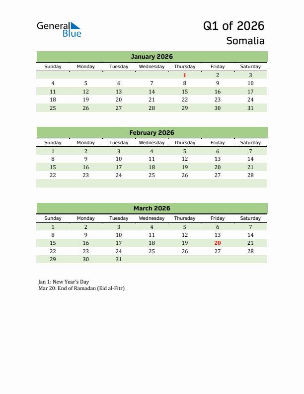Quarterly Calendar 2026 with Somalia Holidays