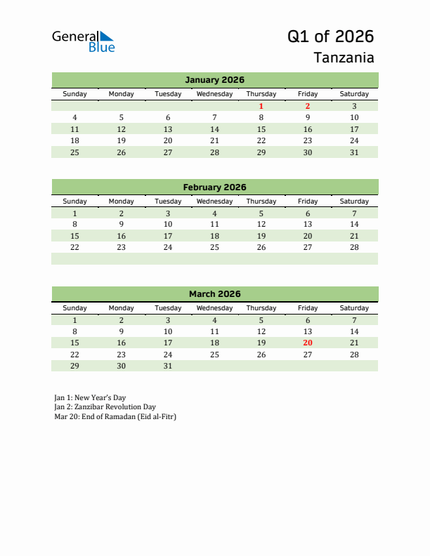 Quarterly Calendar 2026 with Tanzania Holidays