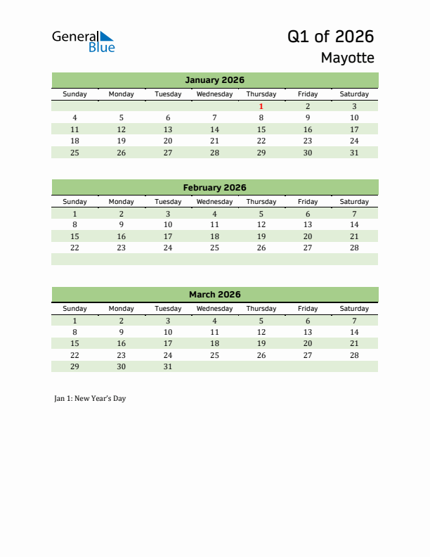 Quarterly Calendar 2026 with Mayotte Holidays
