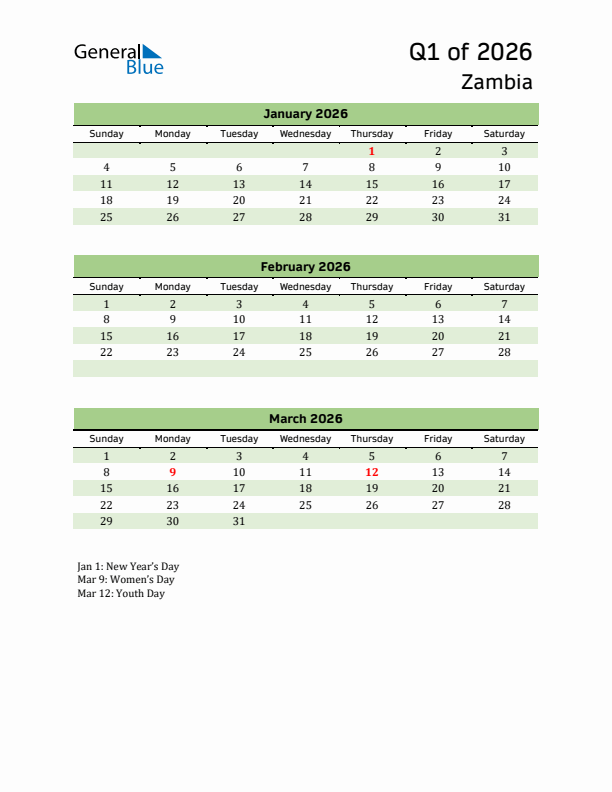 Quarterly Calendar 2026 with Zambia Holidays