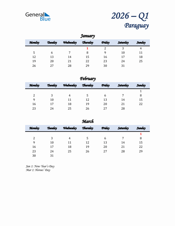 January, February, and March Calendar for Paraguay with Monday Start