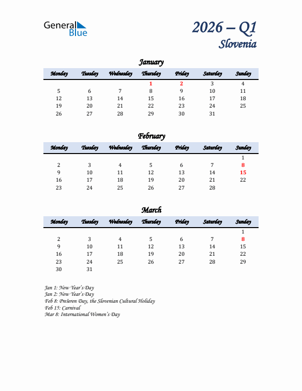 January, February, and March Calendar for Slovenia with Monday Start