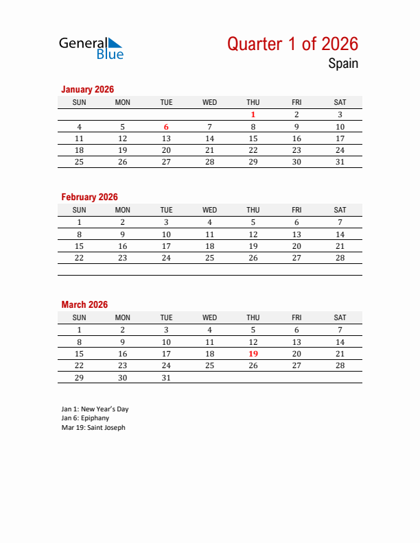 Printable Three Month Calendar with Spain Holidays