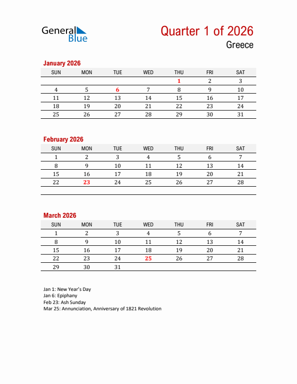 Printable Three Month Calendar with Greece Holidays