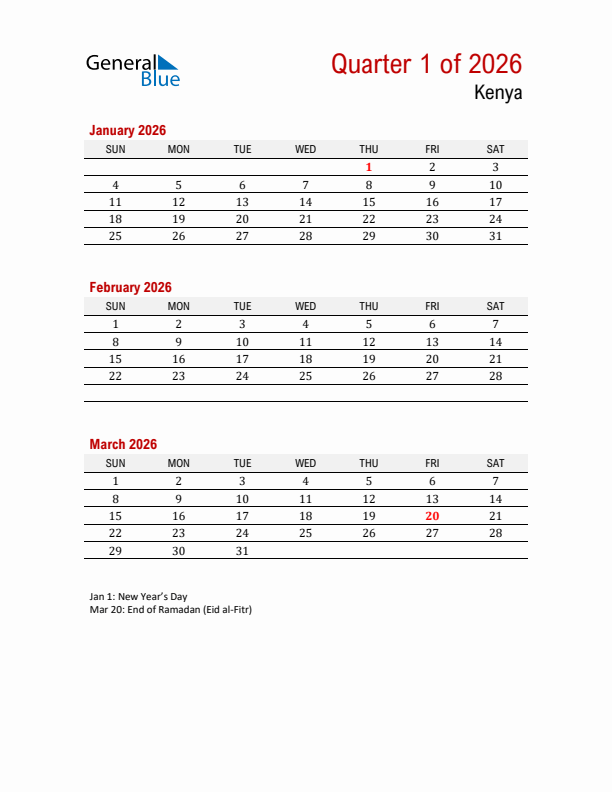 Printable Three Month Calendar with Kenya Holidays