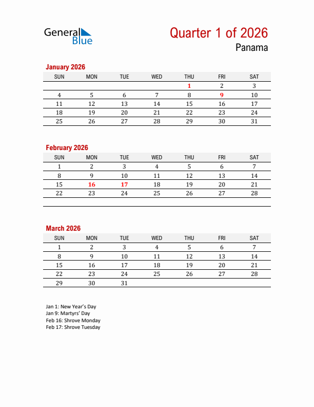 Printable Three Month Calendar with Panama Holidays