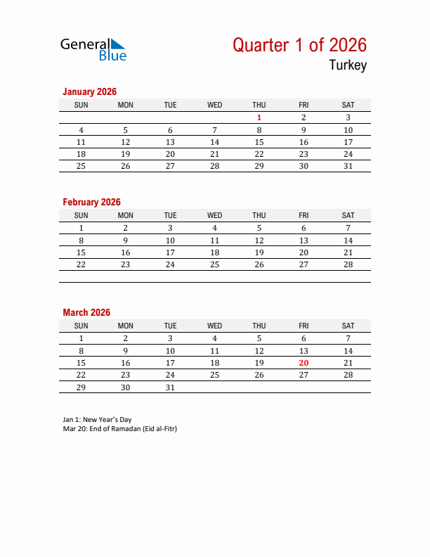 Printable Three Month Calendar with Turkey Holidays