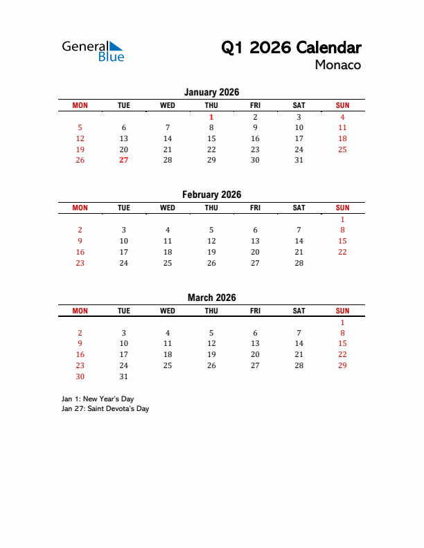 2026 Q1 Calendar with Holidays List for Monaco