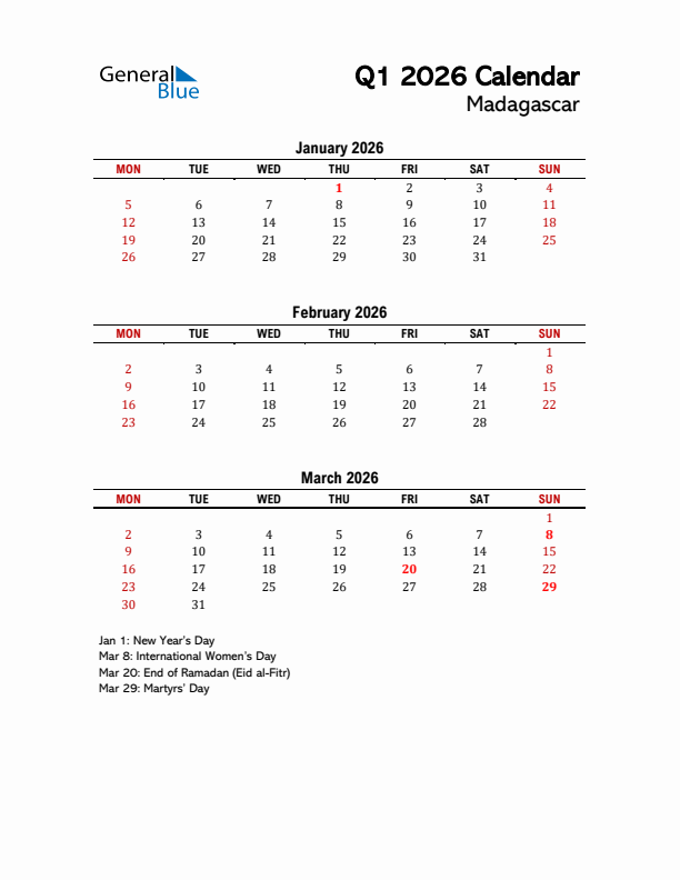 2026 Q1 Calendar with Holidays List for Madagascar