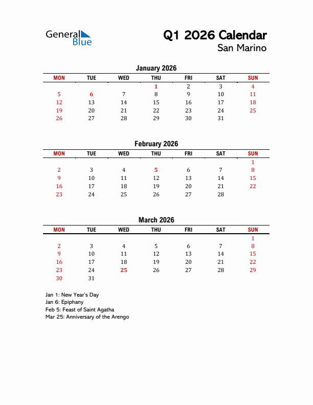 2026 Q1 Calendar with Holidays List for San Marino