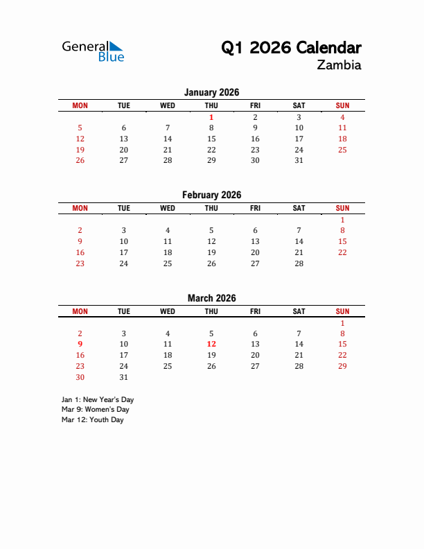 2026 Q1 Calendar with Holidays List for Zambia