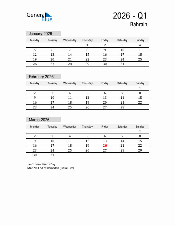 Bahrain Quarter 1 2026 Calendar with Holidays