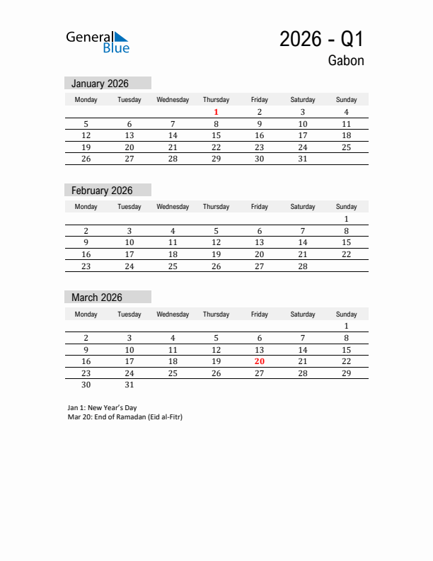 Gabon Quarter 1 2026 Calendar with Holidays