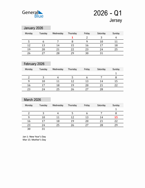 Jersey Quarter 1 2026 Calendar with Holidays