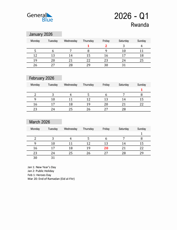Rwanda Quarter 1 2026 Calendar with Holidays