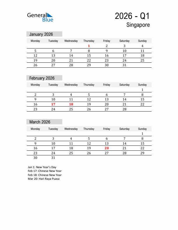 Singapore Quarter 1 2026 Calendar with Holidays