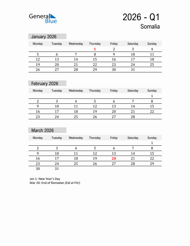 Somalia Quarter 1 2026 Calendar with Holidays