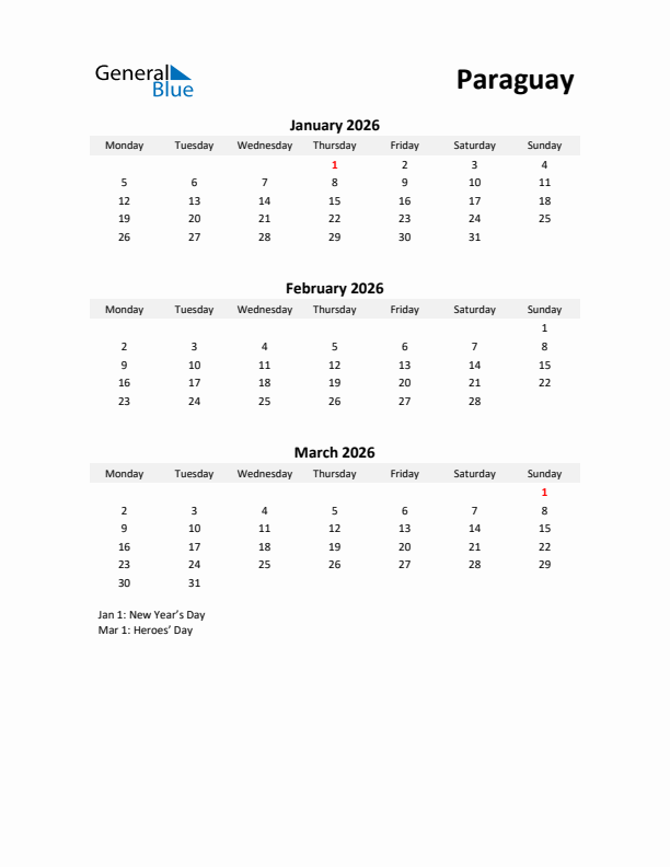 Printable Quarterly Calendar with Notes and Paraguay Holidays- Q1 of 2026