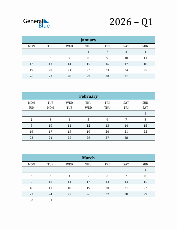 January, February, and March 2026 Calendar