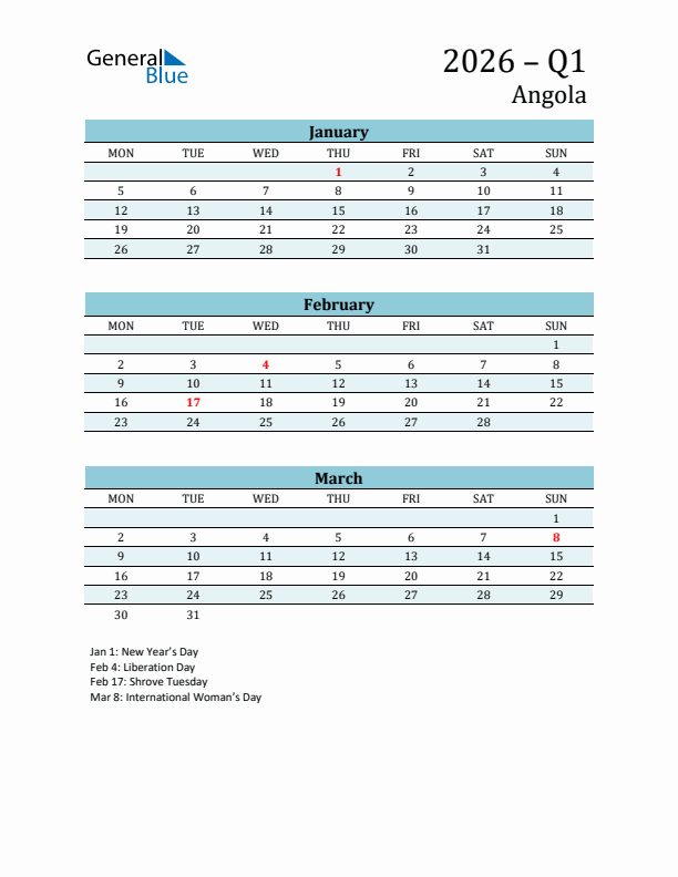 Three-Month Planner for Q1 2026 with Holidays - Angola