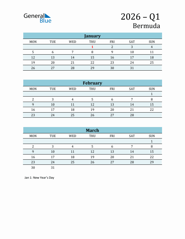 Three-Month Planner for Q1 2026 with Holidays - Bermuda