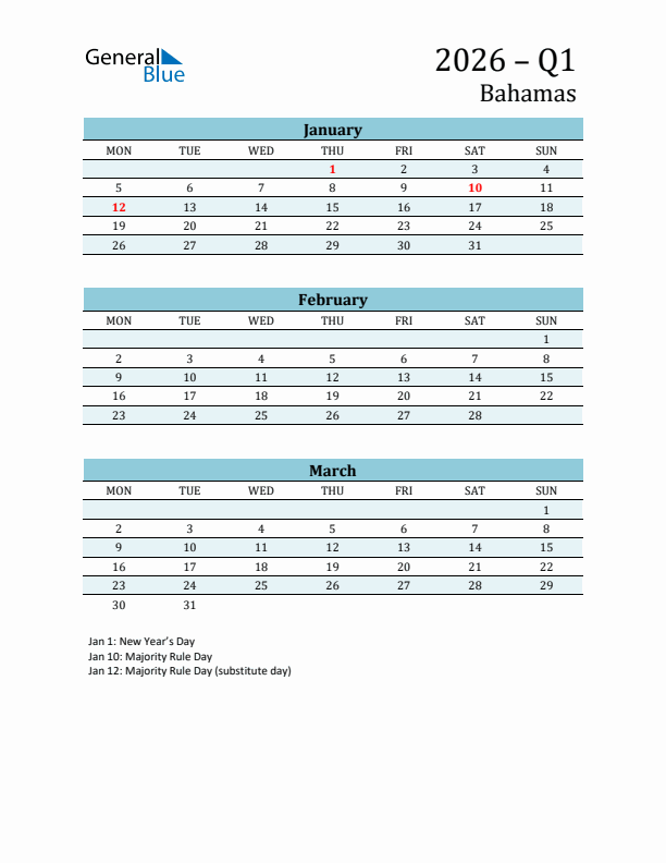 Three-Month Planner for Q1 2026 with Holidays - Bahamas