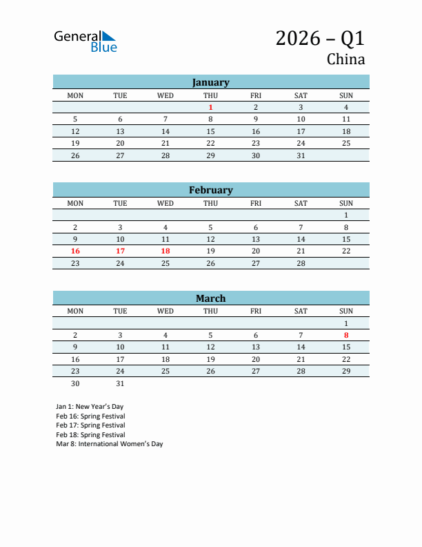 Three-Month Planner for Q1 2026 with Holidays - China