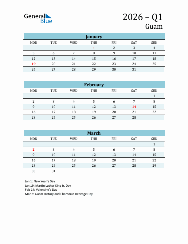 Three-Month Planner for Q1 2026 with Holidays - Guam