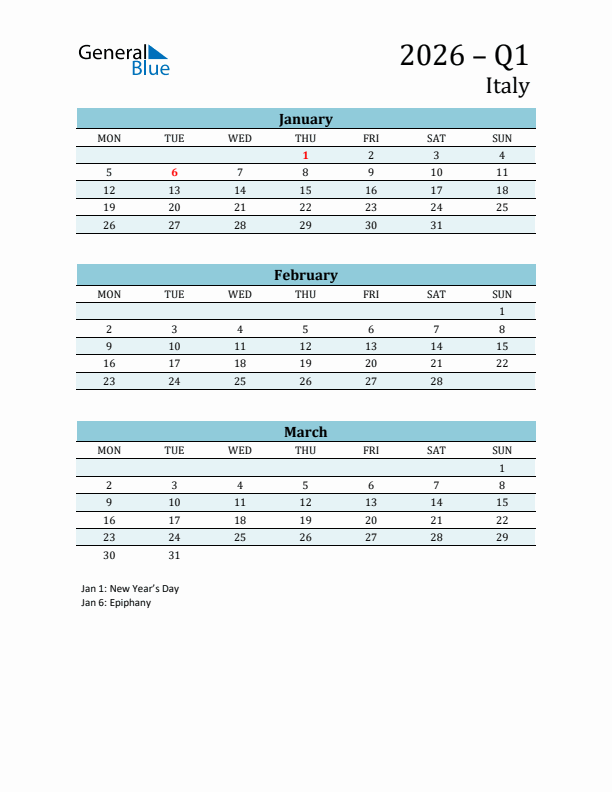 Three-Month Planner for Q1 2026 with Holidays - Italy