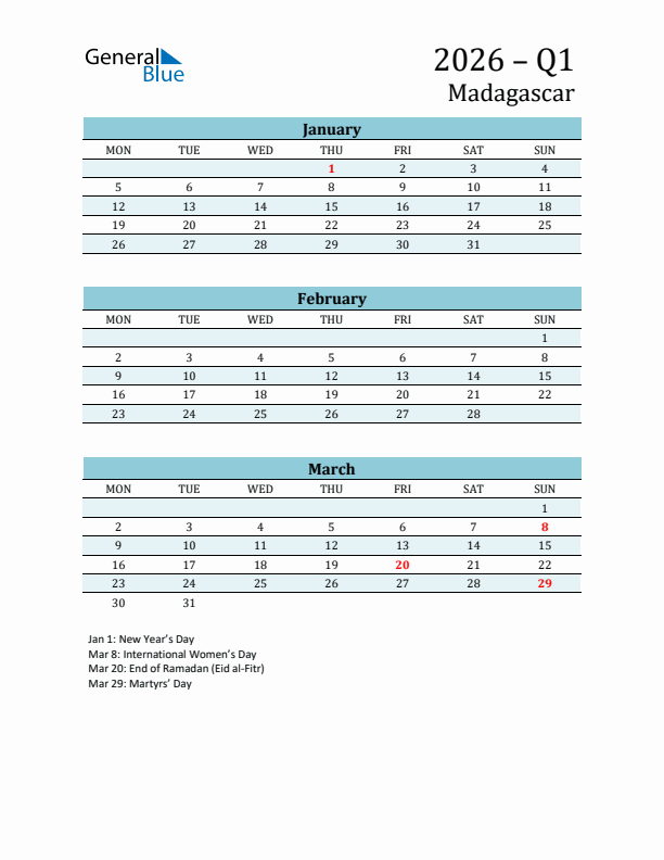 Three-Month Planner for Q1 2026 with Holidays - Madagascar