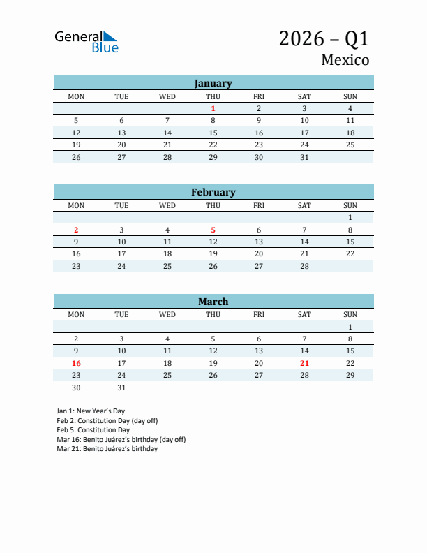 Three-Month Planner for Q1 2026 with Holidays - Mexico